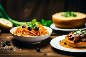 un plato de pasta y un pastel en un de madera mesa. generado por ai foto