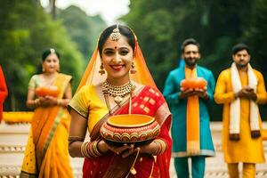 indian woman in traditional attire holding a bowl. AI-Generated photo