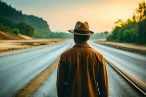 un hombre en un sombrero y Saco caminando en un la carretera. generado por ai foto