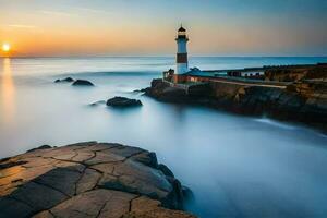 un faro es visto a puesta de sol en el océano. generado por ai foto