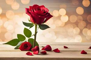 a single red rose is placed on a wooden table with a bokeh background. AI-Generated photo