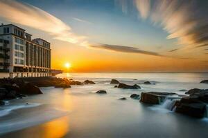 un largo exposición fotografía de el puesta de sol terminado el océano. generado por ai foto