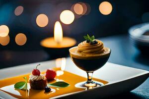 a dessert on a plate with candles in the background. AI-Generated photo