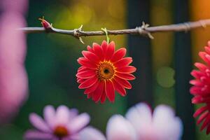 a red flower is hanging from a branch. AI-Generated photo