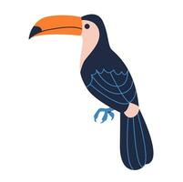 Cute toucan. Funny tropical bird with long yellow beak. Exotic animal character. Flat vector illustration.