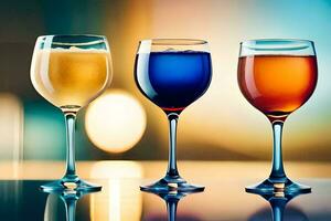 three glasses of wine are shown in front of a blurred background. AI-Generated photo