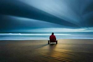 un hombre sentado en un banco en el playa debajo un Tormentoso cielo. generado por ai foto