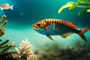 un pescado nadando en un acuario con coral. generado por ai foto
