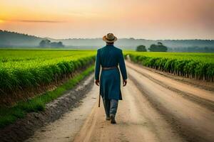 a man in a blue suit walks down a dirt road. AI-Generated photo