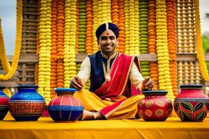 a man in traditional indian attire sits on a yellow table with colorful pots. AI-Generated photo