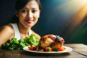a woman is posing with a chicken on a plate. AI-Generated photo