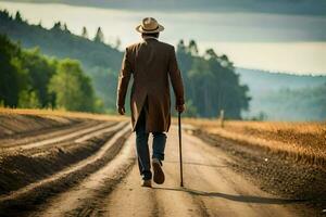 un hombre en un sombrero y Saco caminando abajo un suciedad la carretera. generado por ai foto