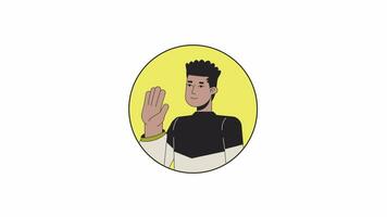 African american guy waving happy line 2D avatar animation. Male black student saying hello flat linear cartoon 4K video, alpha channel. Greeting. Body language animated portrait on white background video