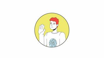 Curly caucasian young man waving happy line 2D avatar animation. Saying hello flat linear cartoon 4K video, alpha channel. Nonverbal. Greeting gesture animated portrait on white background video
