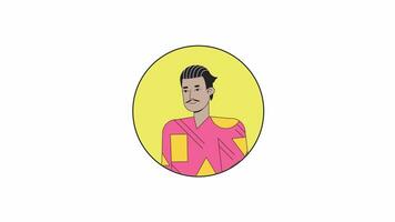 latinamerikan vuxen man med penna mustasch linje 2d avatar animation. latino kille i 70s inspirerad kläder platt linjär tecknad serie 4k video, alfa kanal. avslappnad Framställ animerad porträtt på vit bakgrund video