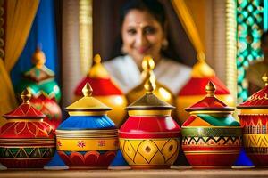 a woman is looking at a row of colorful pots. AI-Generated photo