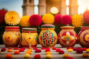 a group of colorful pots with decorative designs. AI-Generated photo