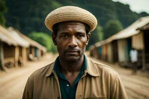 a man wearing a hat stands in front of a hut. AI-Generated photo