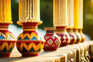 a row of colorful vases with beads on them. AI-Generated photo