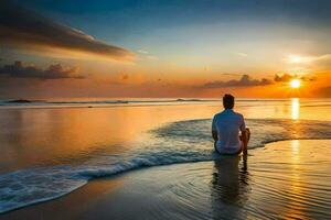 a man meditating on the beach at sunset. AI-Generated photo