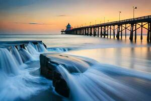 un largo exposición fotografía de un muelle y agua fluido terminado rocas generado por ai foto