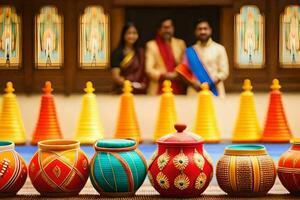 colorful pots and vases are arranged on a table. AI-Generated photo