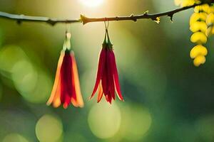 red flowers hanging from a tree branch. AI-Generated photo