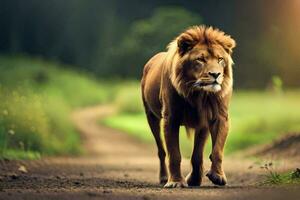 a lion walking down a dirt road in the middle of a field. AI-Generated photo
