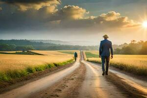 un hombre en un traje camina abajo un suciedad la carretera. generado por ai foto