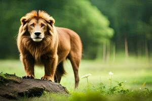 un león en pie en un rock en el medio de un campo. generado por ai foto