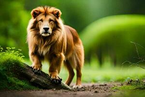 a lion standing on a log in the middle of a forest. AI-Generated photo