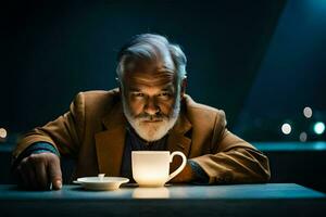 an old man with a beard and a cup of coffee. AI-Generated photo