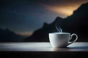 un taza de café en un mesa en frente de un montaña. generado por ai foto