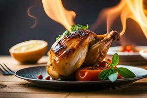 a chicken is on a plate with a fire in the background. AI-Generated photo