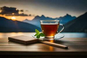 a cup of tea on a wooden table with mountains in the background. AI-Generated photo