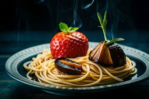 spaghetti with figs and strawberries on a plate. AI-Generated photo