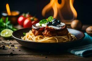 spaghetti with meatballs and blueberries on a wooden table. AI-Generated photo