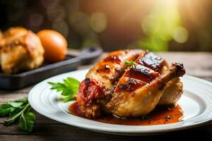 a plate of chicken with sauce and vegetables. AI-Generated photo