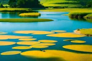 a river with yellow lily pads in the middle. AI-Generated photo