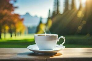 un taza de café en un de madera mesa en el Mañana. generado por ai foto