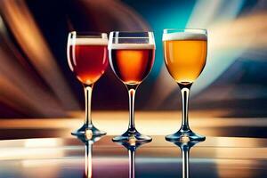 three glasses of different colored drinks on a table. AI-Generated photo