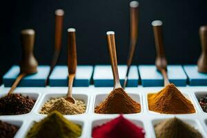 a tray of spices with spoons. AI-Generated photo