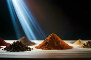 a variety of spices are shown in front of a light. AI-Generated photo