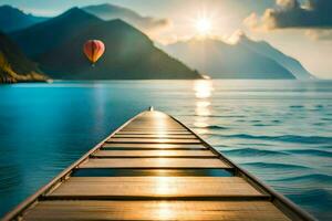 a wooden dock with a hot air balloon flying over it. AI-Generated photo