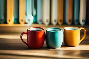 two colorful coffee cups sit on a wooden table. AI-Generated photo