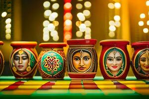 a row of colorful pots with painted faces. AI-Generated photo