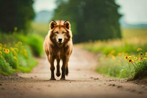 a lion walking down a dirt road in the middle of a field. AI-Generated photo