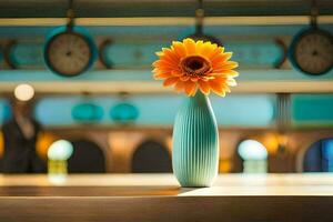a vase with an orange flower sitting on a table. AI-Generated photo