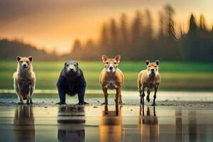 four dogs and a bear standing on the shore of a lake. AI-Generated photo