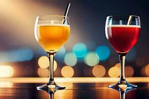 two glasses of different colored drinks on a table. AI-Generated photo